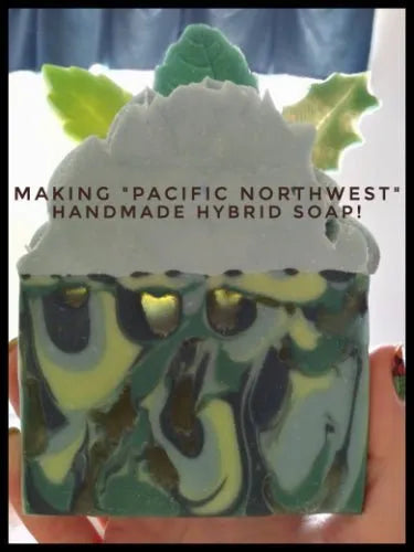 Vibrant handmade Pacific Northwest hybrid soap showcasing beautiful layers and natural elements.