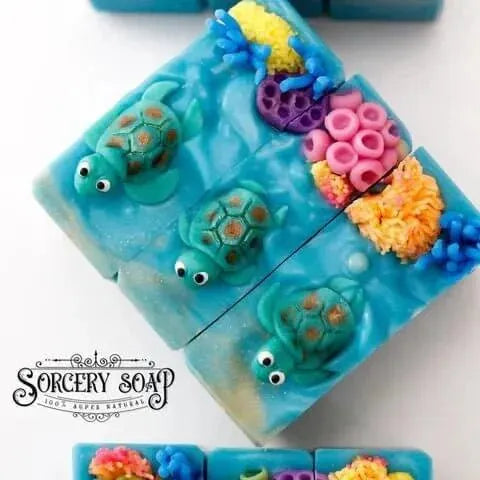 Colorful sorcery soap bars with adorable turtle designs and vibrant sea-inspired elements.
