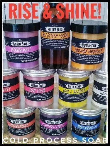 Colorful display of cold process soaps including Berry Twist and Love & Sunshine, perfect for a fresh morning!