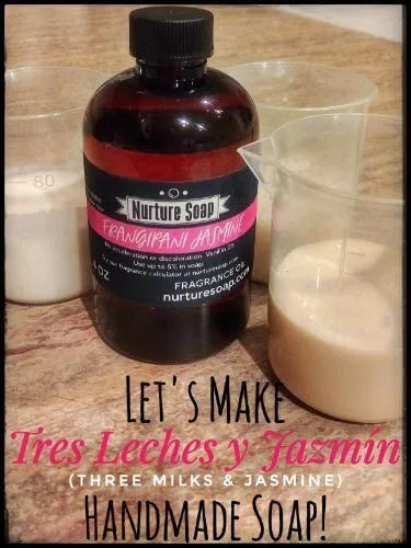 Handmade Tres Leches y Jazmin soap ingredients including frangipani fragrance bottle and mixtures.