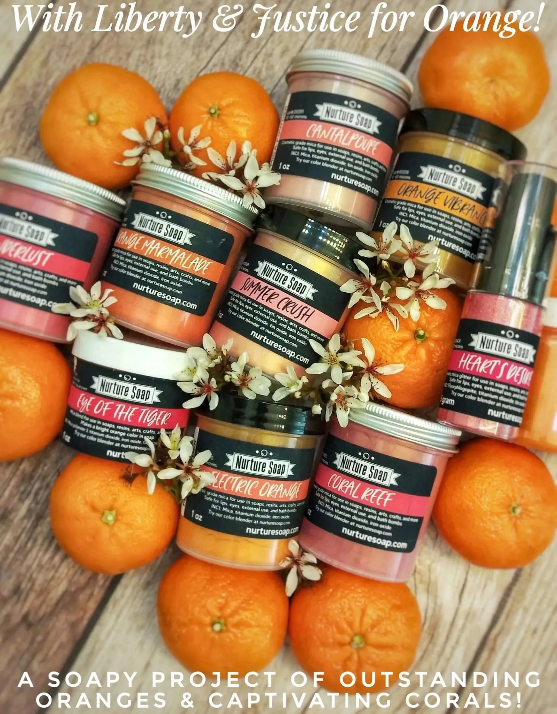 Colorful soap jars surrounded by fresh oranges, celebrating outstanding oranges and captivating corals!