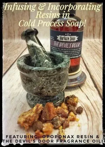 Mortar and pestle with opoponax resin and Nurture Soap's 'The Devil's Door' fragrance oil for cold process soap.