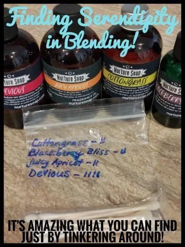 Bottles of soap fragrances with notes on blending, showcasing creativity in soap making experiments.