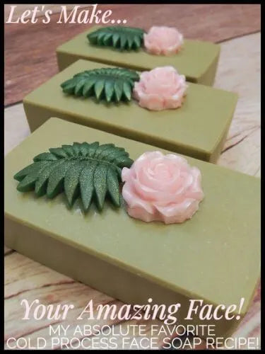 Three beautiful cold process face soap bars with rose and leaf decorations, perfect for your amazing skincare routine!