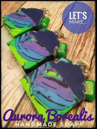 Colorful handmade Aurora Borealis soap bars featuring vibrant swirls of purple and green.