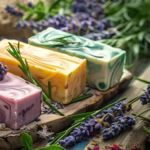 Colorful handmade soaps with swirls, placed on a wooden board surrounded by fresh lavender and greenery.