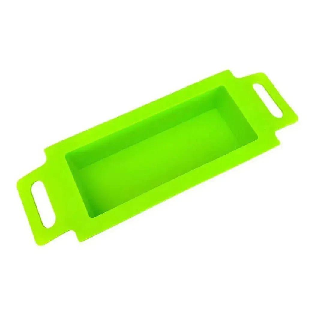 Bright green 2.5 lb handle soap mold made of silicone, perfect for easy soapmaking and safe wood protection.