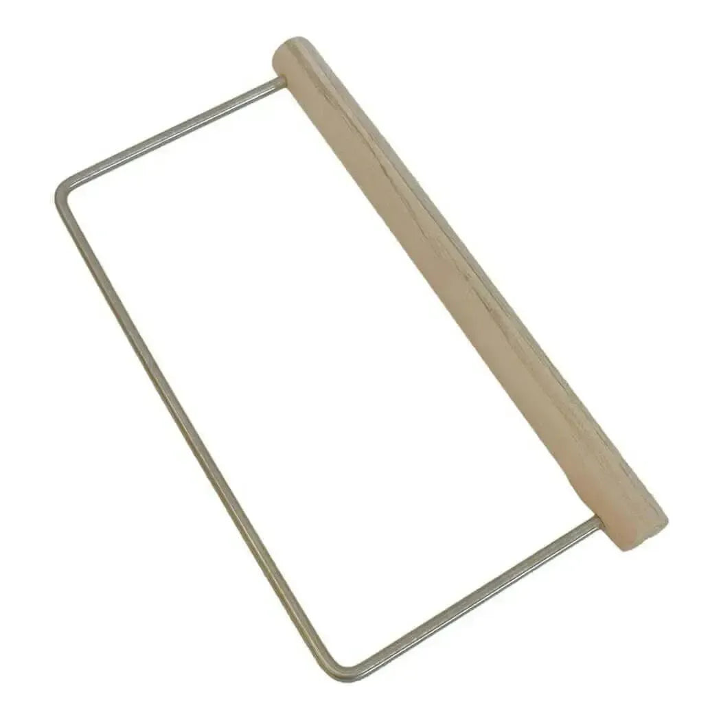 Hanger swirl tool with wood handle and stainless steel rod for creating swirls in 2.5 lb soap molds.