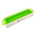 5 lb Premium Handle Soap Mold with a vibrant green silicone liner for easy removal and clean wood sides.