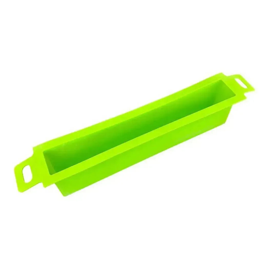 Bright green 7.5 lb silicone soap mold with handles for easy removal and clean design, ideal for tall skinny soaps.