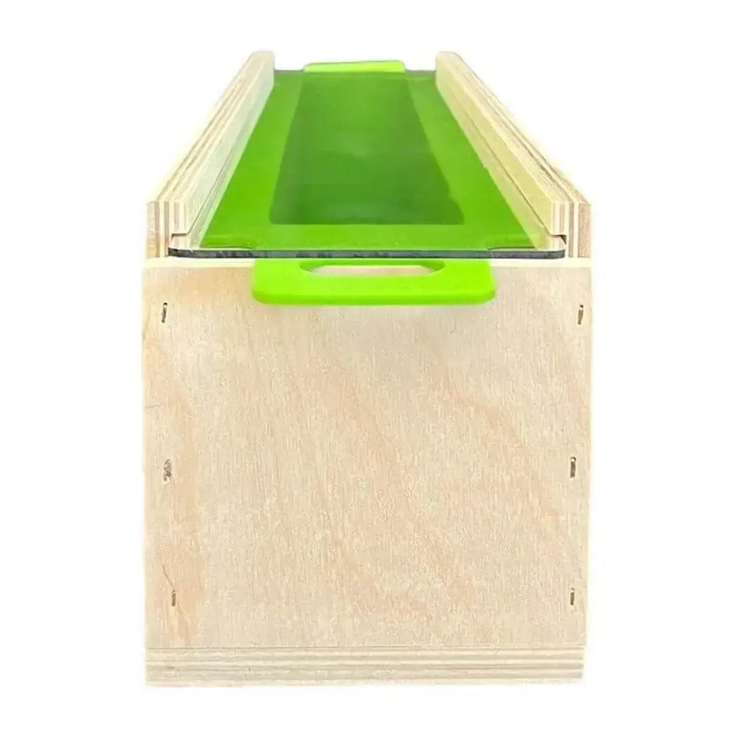 Premium 7.5 lb TS soap mold with green lid and easy-grip handles for convenient soap making.