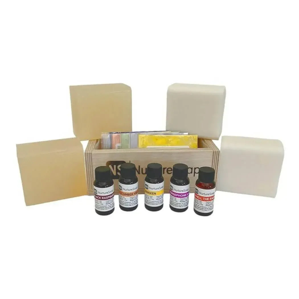 Soap-making kit with natural oils and bases, perfect for DIY enthusiasts and crafters to create custom soaps.