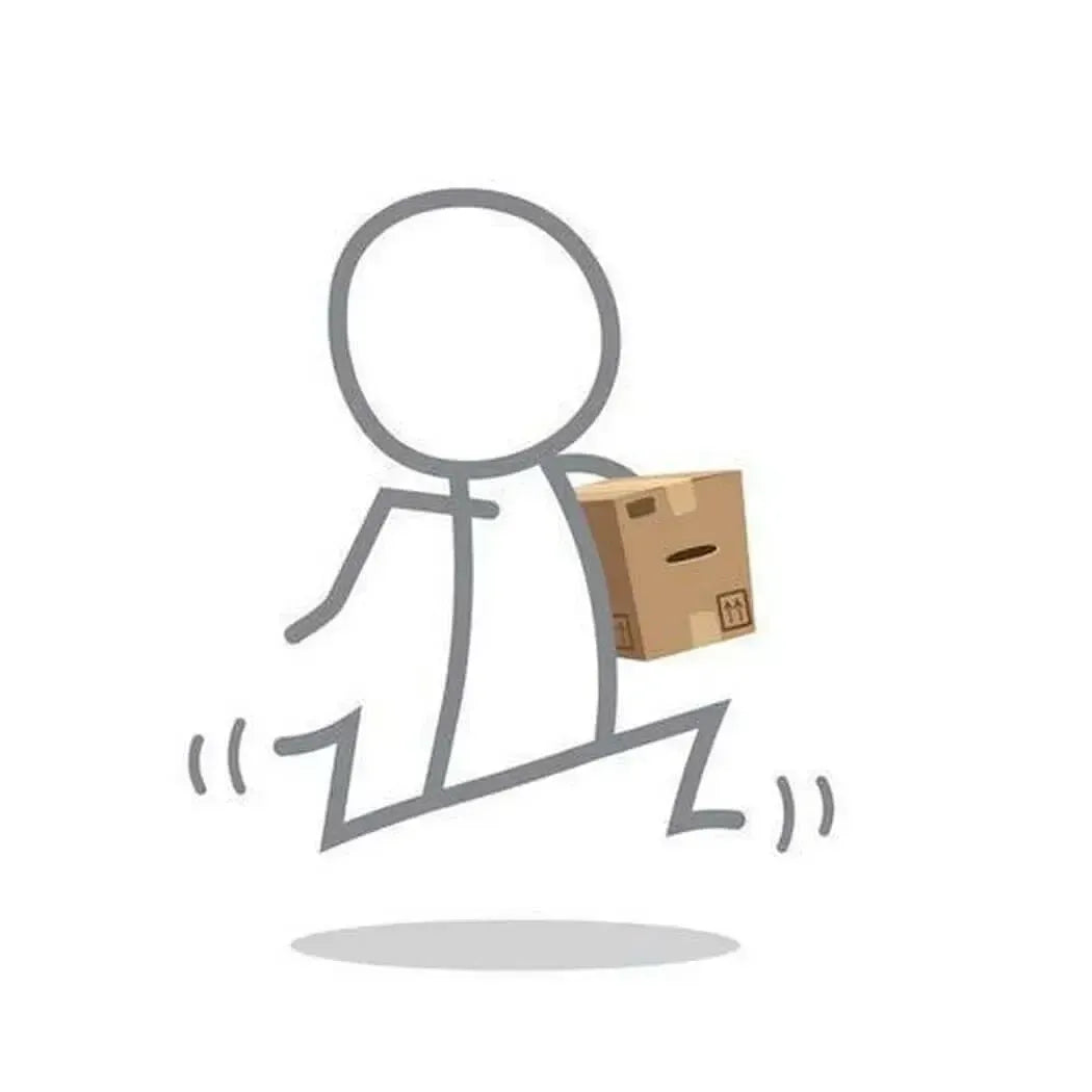 Stick figure running with a cardboard box symbolizing fast rush shipping service.