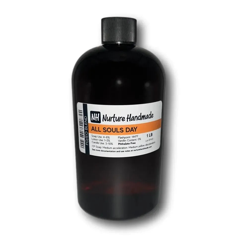 All Souls Day fragrance oil bottle, ideal for soaps and candles, featuring refreshing lime and soothing neroli notes.