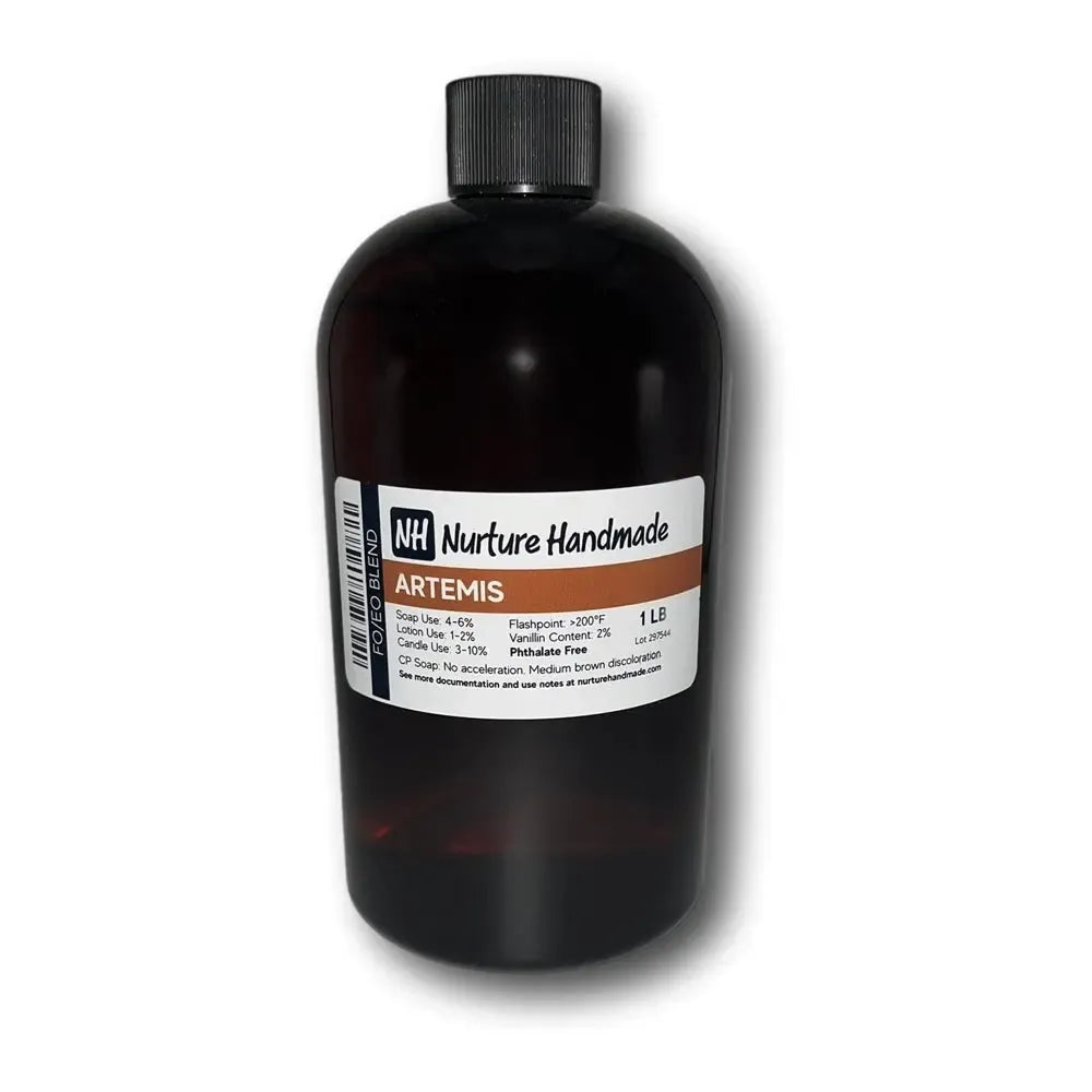 Artemis fragrance oil bottle showcasing a warm autumn scent blend of leaves, musk, vanilla, and cedar.