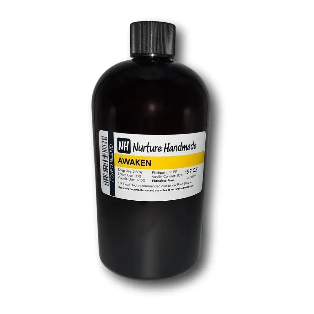 Awaken FO/EO Blend by Nurture Handmade, energizing fragrance with vibrant notes of lemongrass and bergamot.