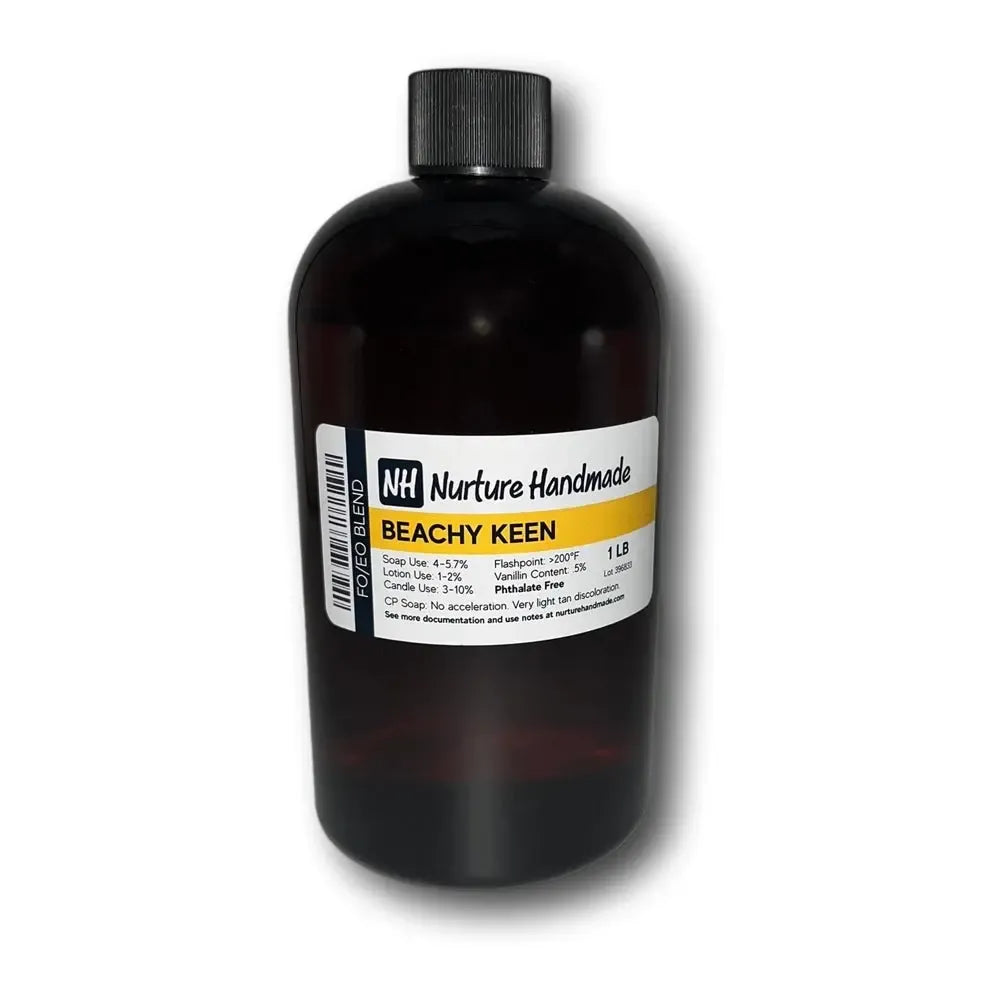 Beachy Keen FO/EO Blend fragrance bottle, perfect for candles and soaps, evoking floral and aquatic seaside scents.