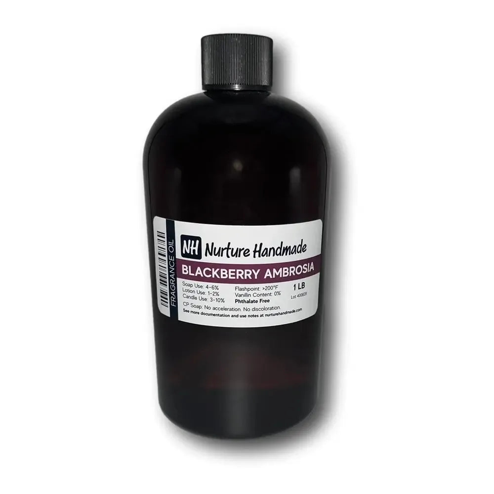 Blackberry Ambrosia Fragrance Oil bottle showcasing juicy blackberry and floral scent blend for DIY projects.