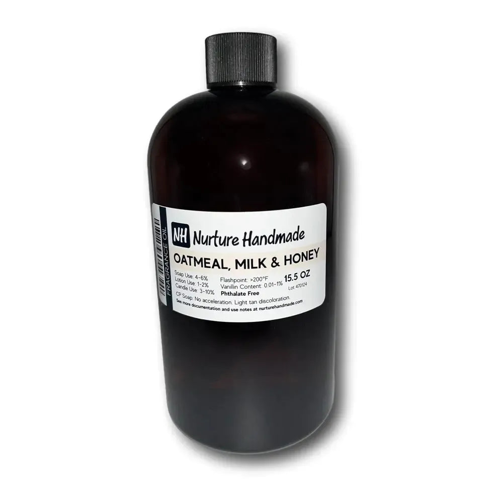 Nurture Handmade Oatmeal, Milk & Honey Fragrance Oil in a dark bottle, perfect for creating cozy, soothing scents.