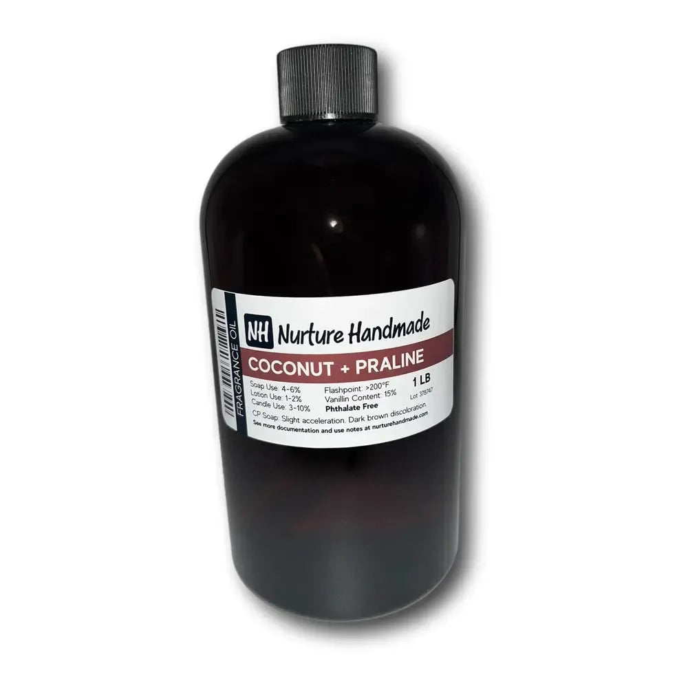 Coconut + Praline Fragrance Oil bottle showcasing its tropical scent and inviting aroma for all DIY projects.