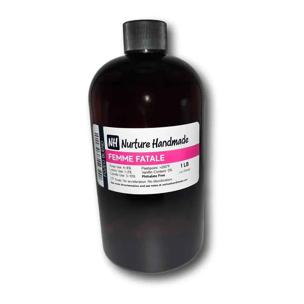 Femme Fatale fragrance blend in a dark bottle with label, showcasing its alluring jasmine and ylang-ylang notes.