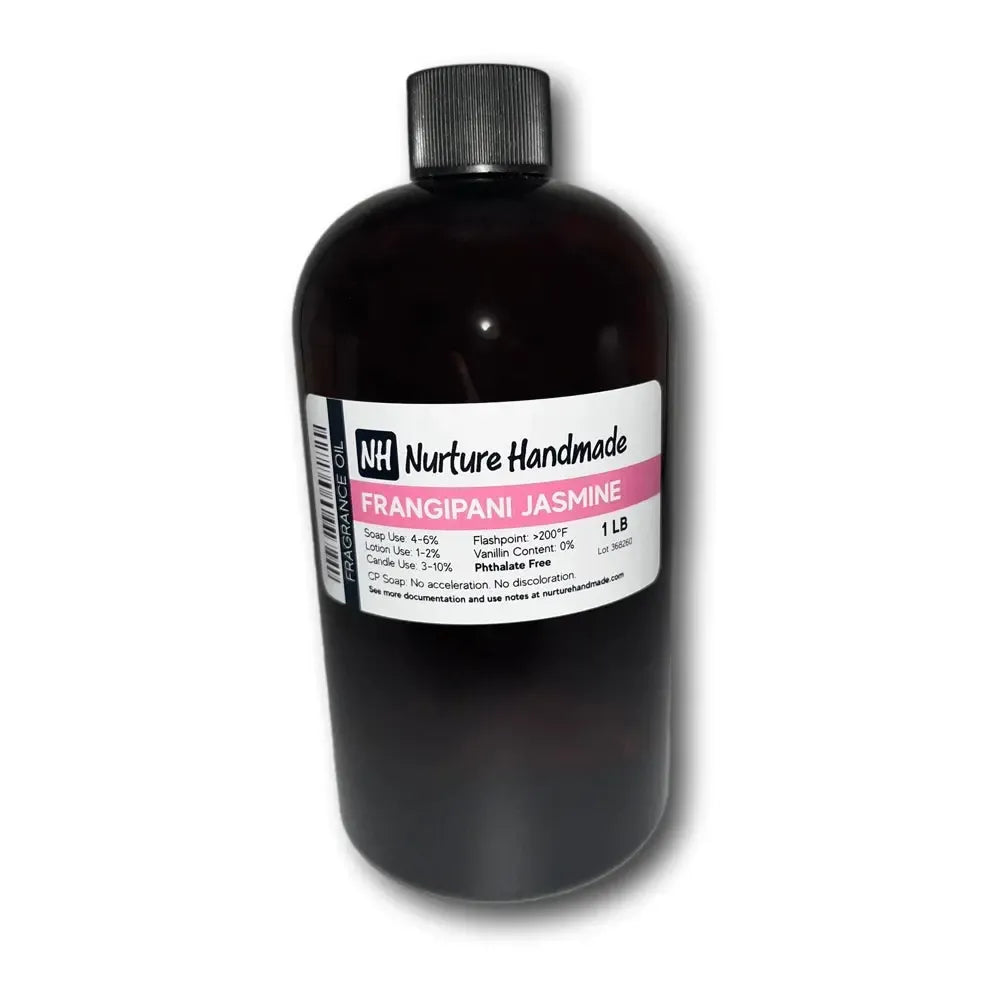 Frangipani Jasmine Fragrance Oil, 1 lb bottle, sweet floral scent, perfect for candles and soaps.