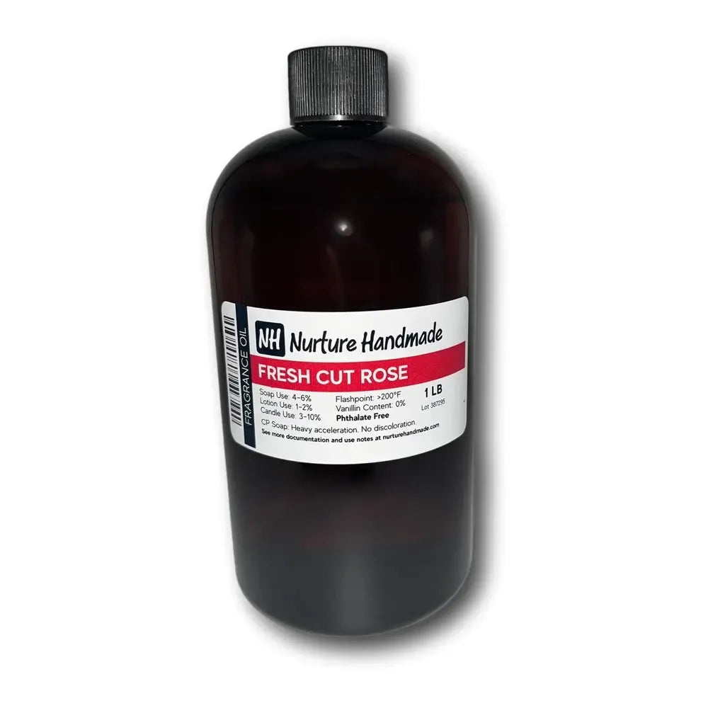 Bottle of Fresh Cut Rose Fragrance Oil by Nurture Handmade, perfect for adding a floral scent to soaps and creations.