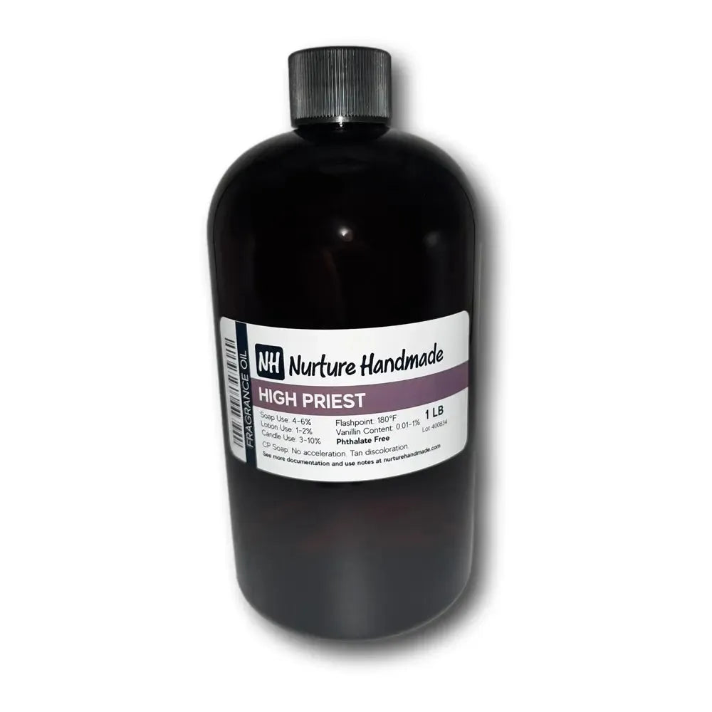 High Priest Fragrance Oil bottle by Nurture Handmade, featuring mystical floral and woody scent notes.