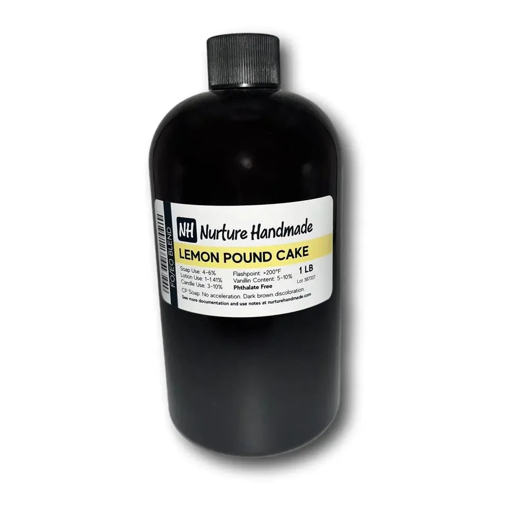 Bottle of Lemon Pound Cake fragrance oil with a label showing its scent profile and usage instructions.