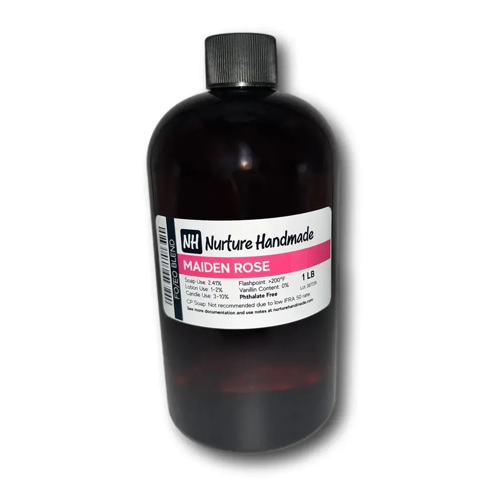 Maiden Rose fragrance oil bottle showcasing a unique blend of rose, jasmine, and amber scents from Nurture Handmade.