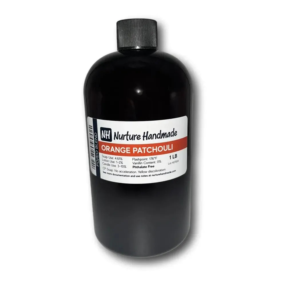 Bottle of Orange Patchouli fragrance oil, featuring sweet citrus and earthy notes, perfect for crafting and aromatherapy.