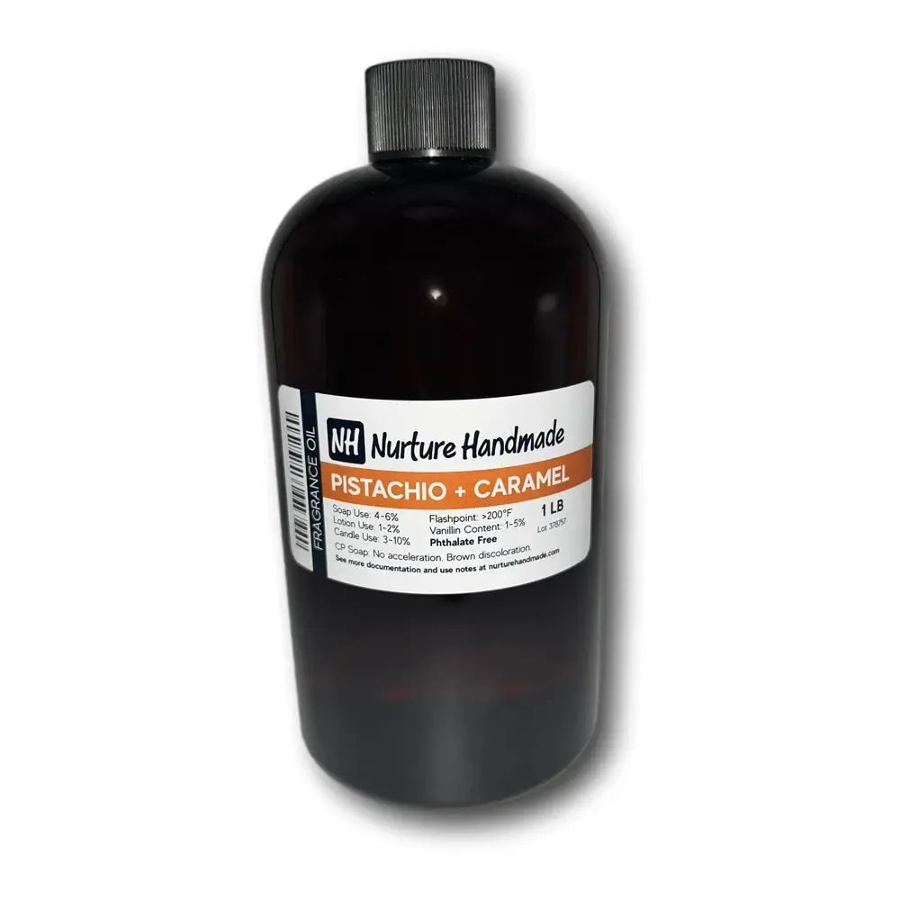 Pistachio + Caramel Fragrance Oil bottle, 1 lb, from Nurture Handmade, perfect for capturing sweet, cozy scents.