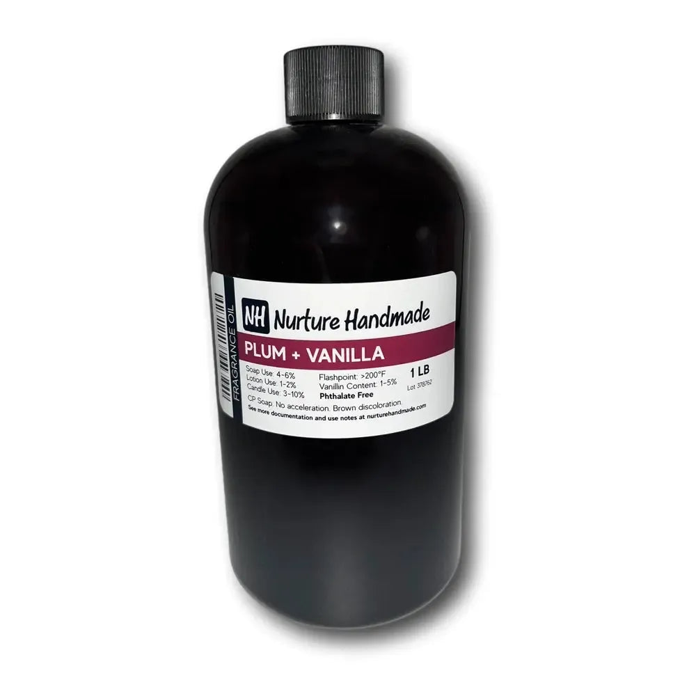 Bottle of Plum + Vanilla Fragrance Oil, a luxurious blend of plum and creamy vanilla for enchanting scents.