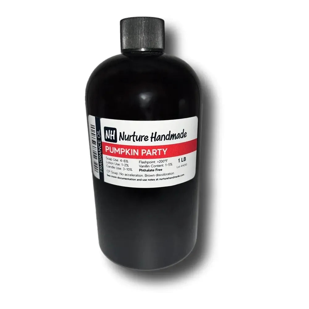 Pumpkin Party Fragrance Oil by Nurture Handmade in a black bottle, perfect for creating festive, cozy scents.