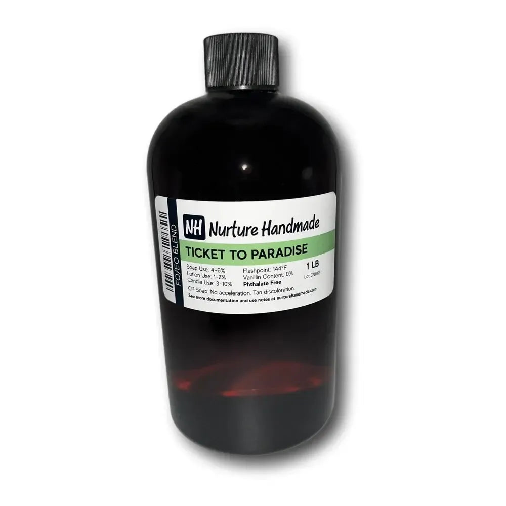 Bottle of Ticket to Paradise FO/EO Blend by Nurture Handmade, showcasing soothing fragrance for a serene ambiance.