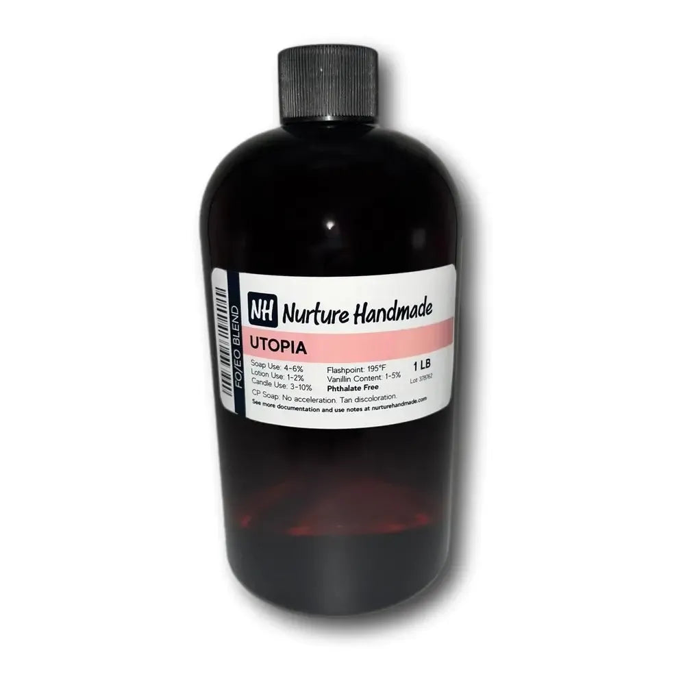 Utopia fragrance oil bottle by Nurture Handmade—blend of matcha and bergamot for a serene aromatic experience.