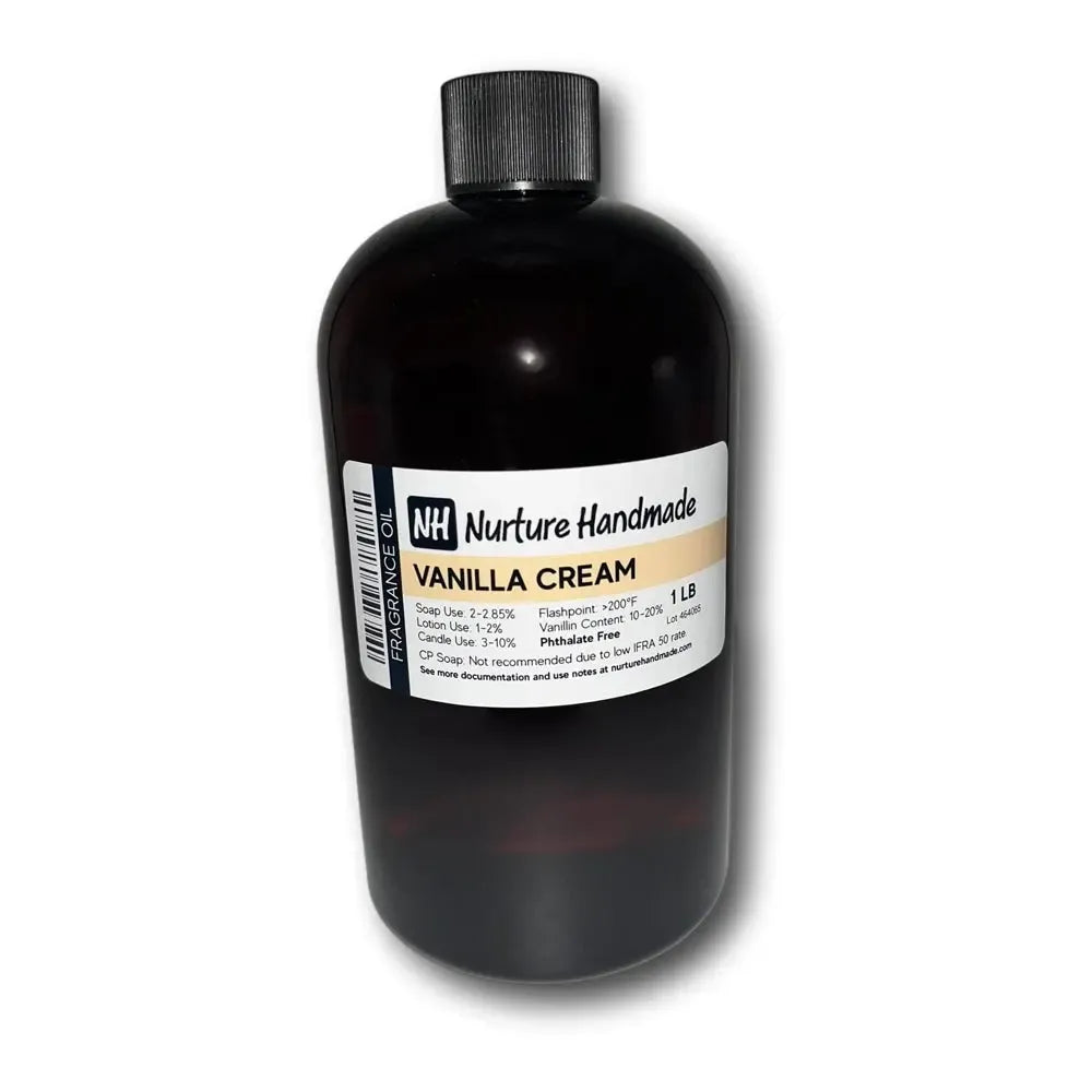 Bottle of Nurture Handmade Vanilla Cream Fragrance Oil, offering a rich and comforting aroma.