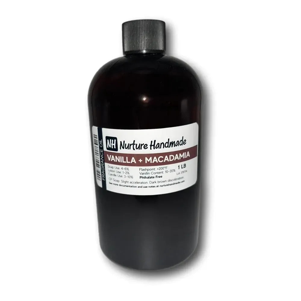 Vanilla + Macadamia Fragrance Oil in a 1 lb bottle, featuring sweet and nutty aromatic notes for a luxurious scent.