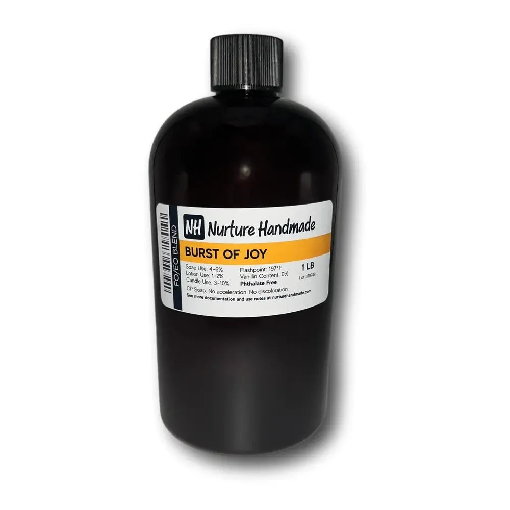 Burst of Joy fragrance oil bottle, showcasing citrus notes and uplifting aroma for a refreshing experience.