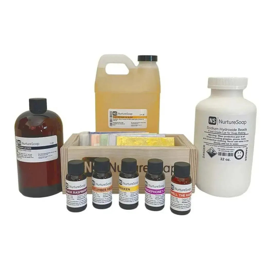 Assorted NurtureSoap supplies, including sodium hydroxide beads and fragrance oils for soap making.