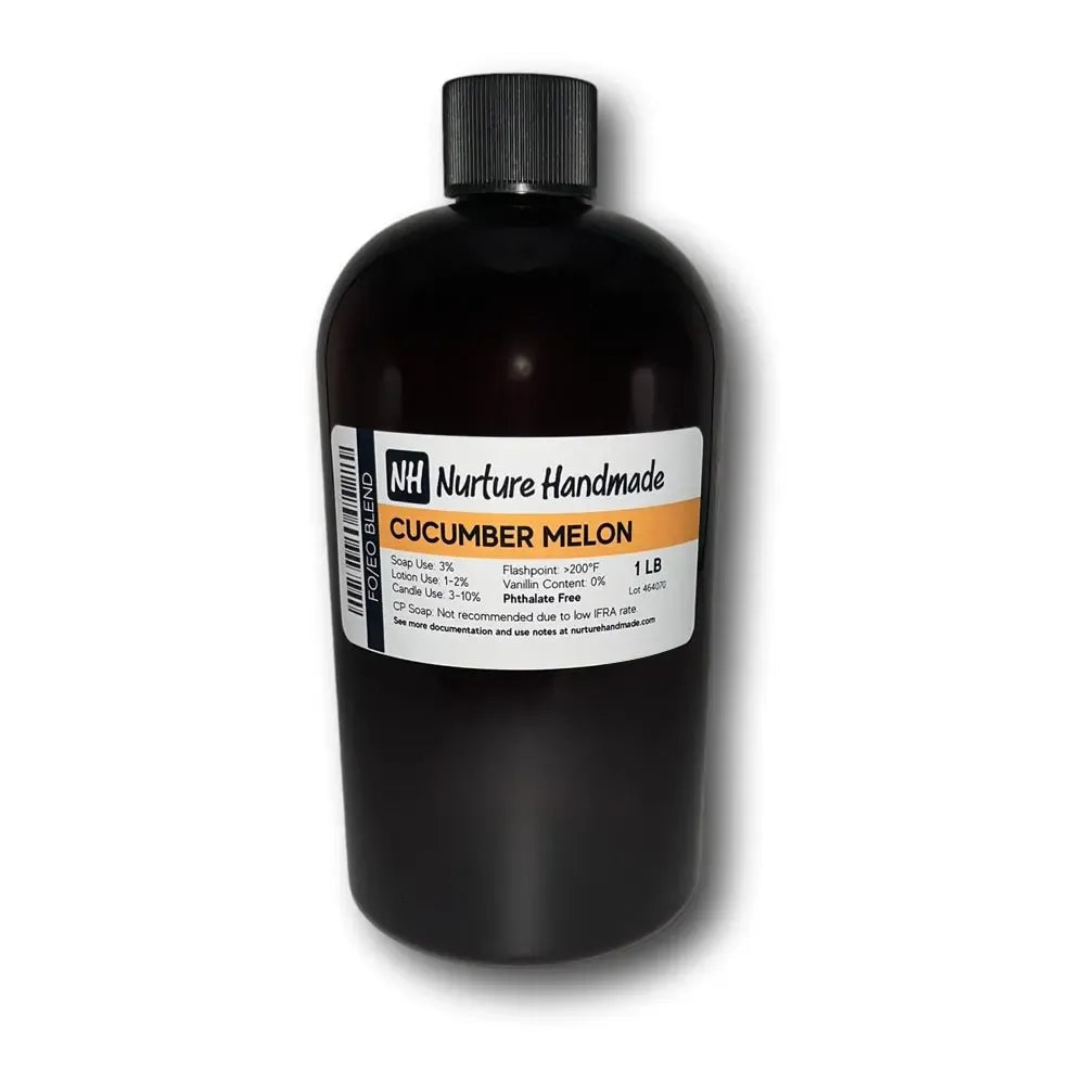 Cucumber Melon FO/EO Blend bottle from Nurture Handmade, showcasing a refreshing fragrance oil for unique creations.