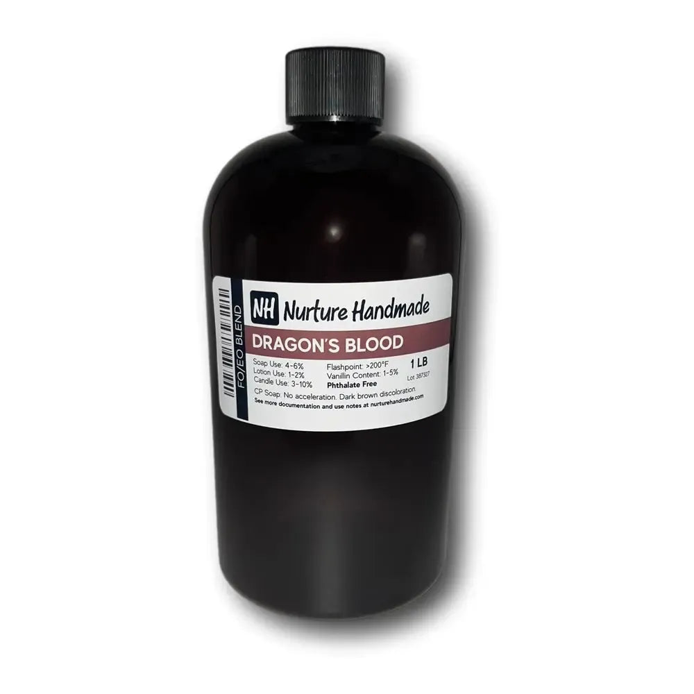 Dragon's Blood fragrance oil blend in amber bottle, perfect for crafting enchanting scents.