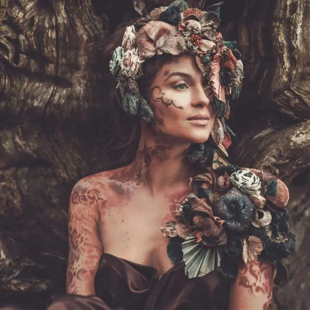 Enchanting woman adorned with floral headpiece, embodying nature's beauty and serenity.