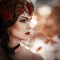 Elegant profile of a woman with a floral crown, showcasing dark lipstick and a mysterious aura.