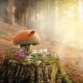 Whimsical mushroom house on a tree stump surrounded by flowers in a magical forest setting.