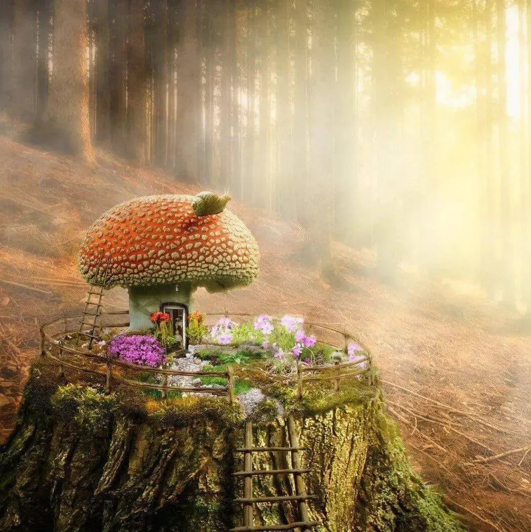 Whimsical mushroom house on a tree stump surrounded by flowers in a magical forest setting.