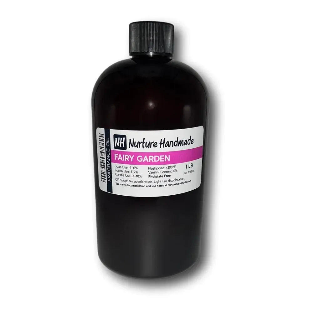 Bottle of Fairy Garden Fragrance Oil from Nurture Handmade, showcasing floral and fruity scents in a 1 lb size.