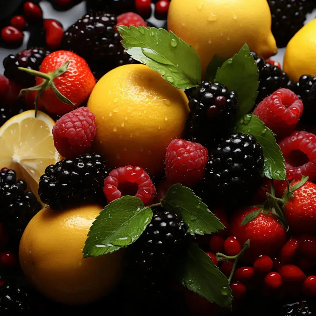 Vibrant assortment of fresh fruits including lemons, strawberries, blackberries, raspberries, and green leaves.
