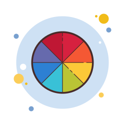 Color wheel with vibrant sections showcasing red, blue, yellow, and green against a soft blue background.