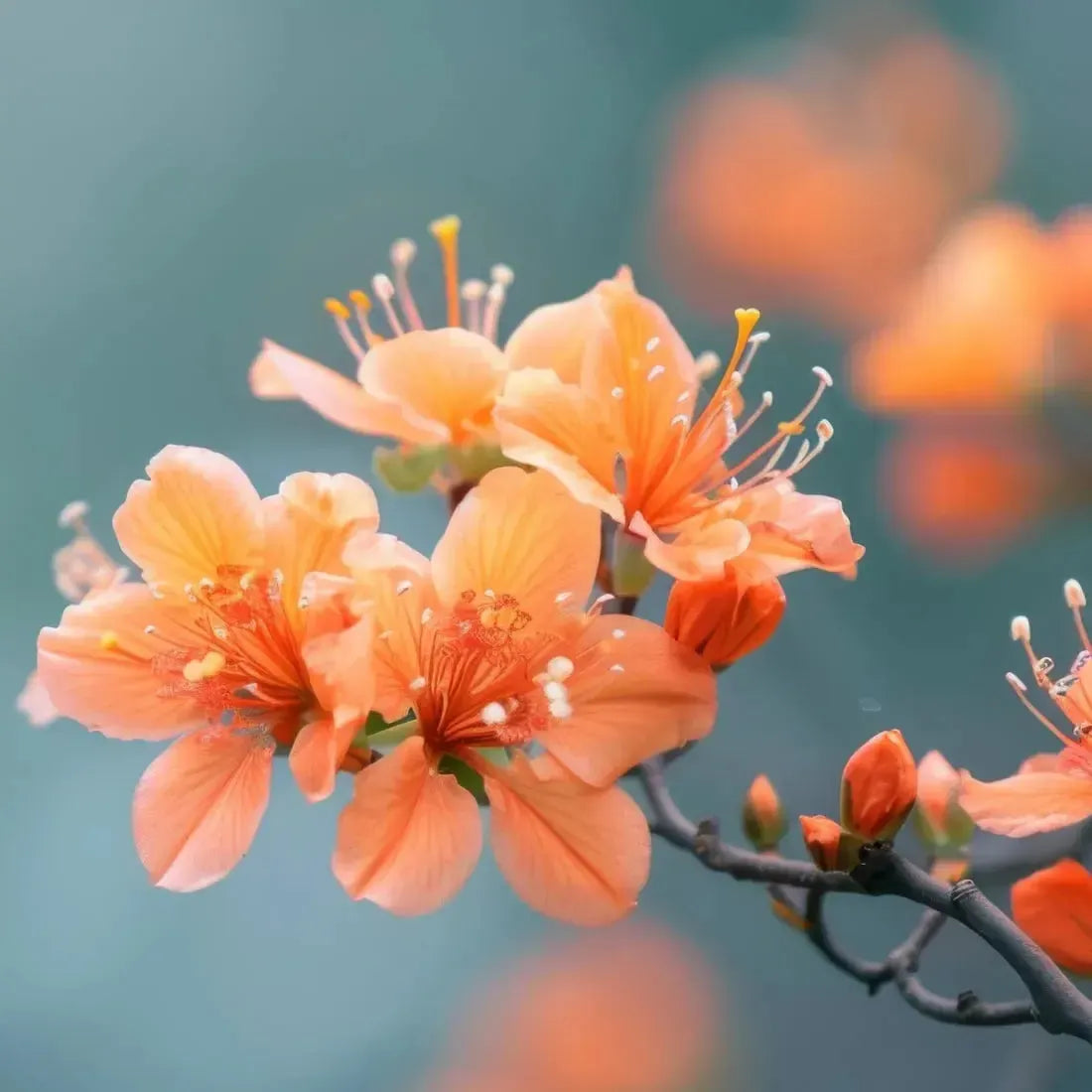 Delicate orange blossoms blooming on a branch, showcasing nature's vibrant colors and beauty.